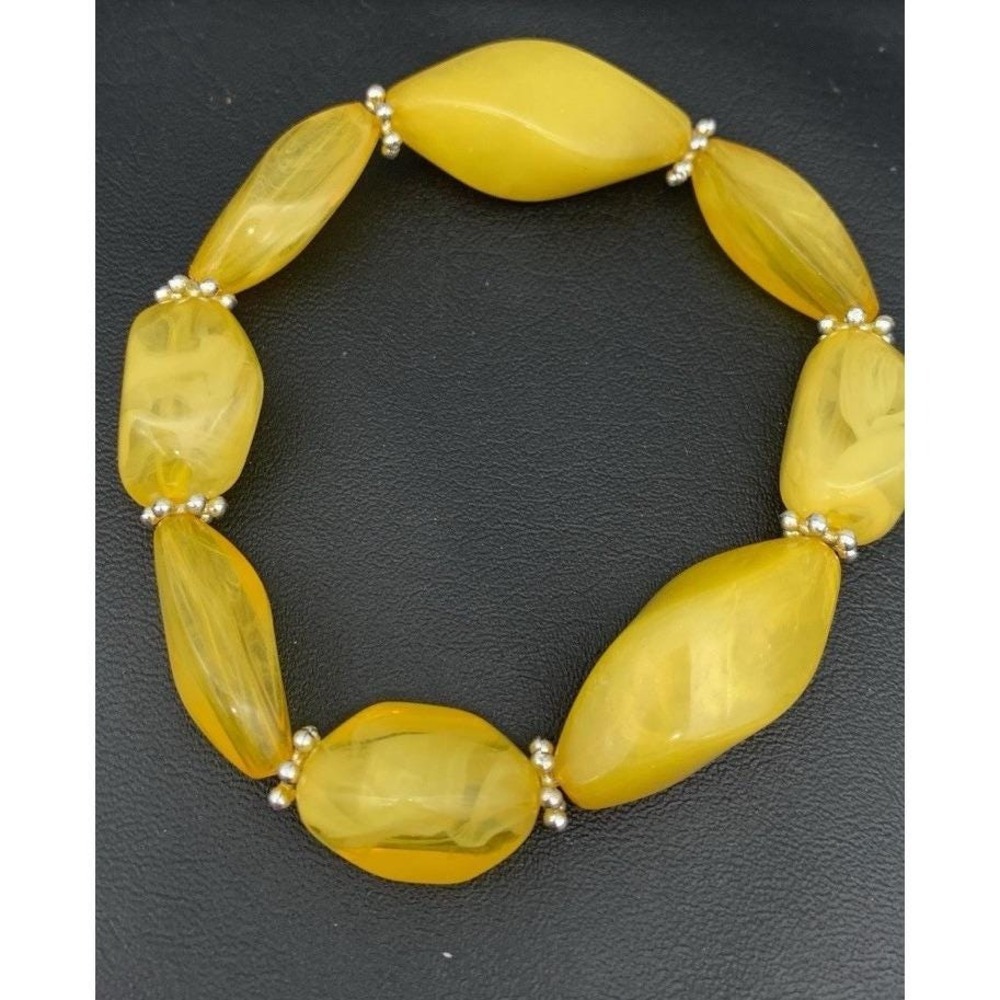 Pretty Yellow And Silver Tone Acrylic Swirl Stretch Bracelet